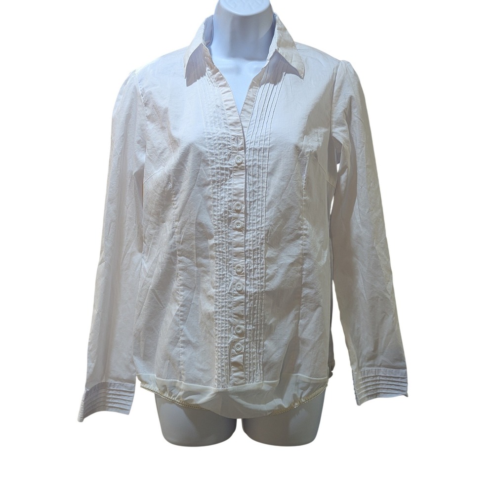 KOJA Women's XXL White Long Sleeve Button Up Shirt Pleated‎ Fron
